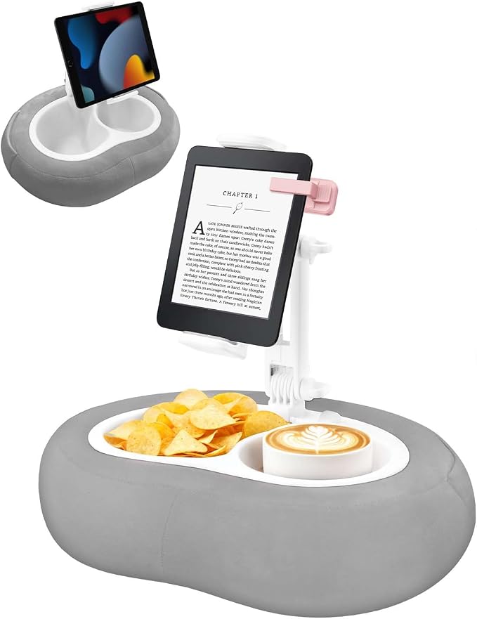 Tablet Stand with Cushion, 360° Adjustable Tablet Stand Compatible with Cellphone/Kindle, iPad, iPhone, Google, for Reading in Bed 5-12.9 Inch with Cup Holder, Gray - Image 1