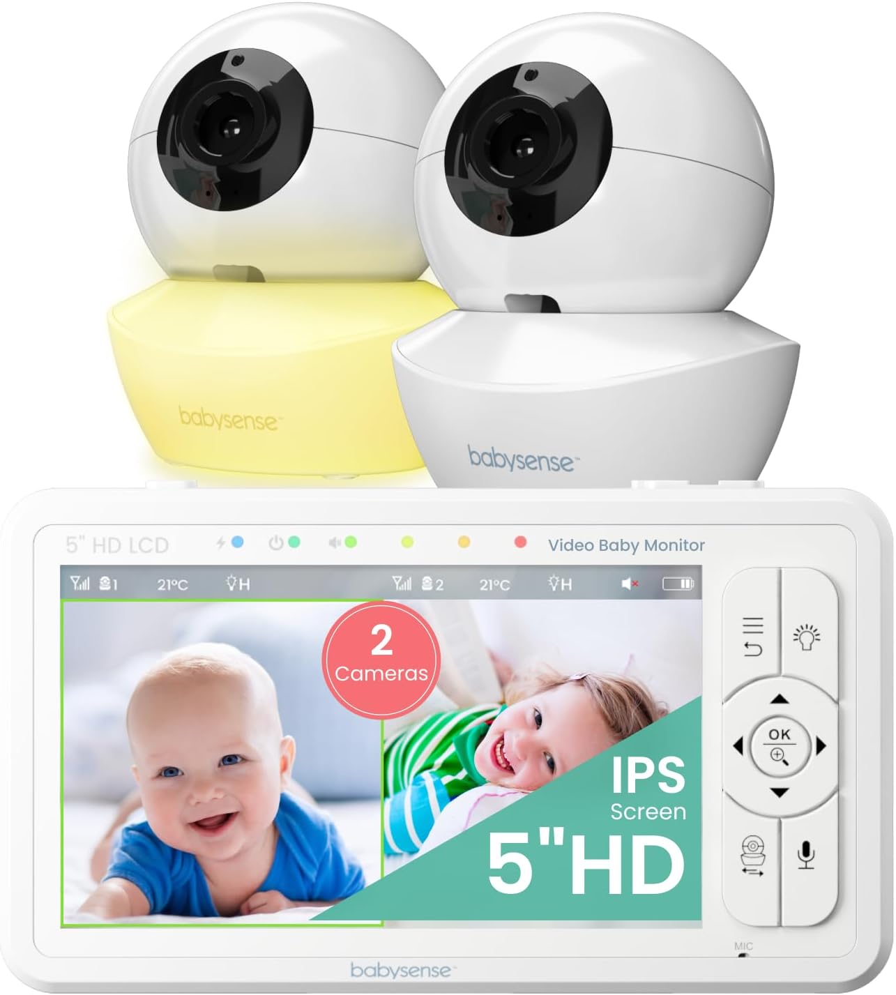 Babysense Baby Monitor HD Video Monitor - 5" Split Screen Baby Monitor with 2 720P Cameras, Two-Way Audio Talk, Long Range, Adjustable Nightlight, Night Vision, Lullabies - Image 1