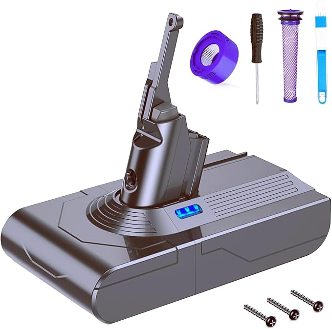 FLYLINKTECH V8 6000mAh Replacement Battery Dyson V8 SV10 Li-ion Battery for Dyson V8 Absolute Fluffy Animal SV10 Cordless Handheld Vacuum Cleaner with 2 Filter Pack + Cleaning Brush + Screwdriver - Image 1
