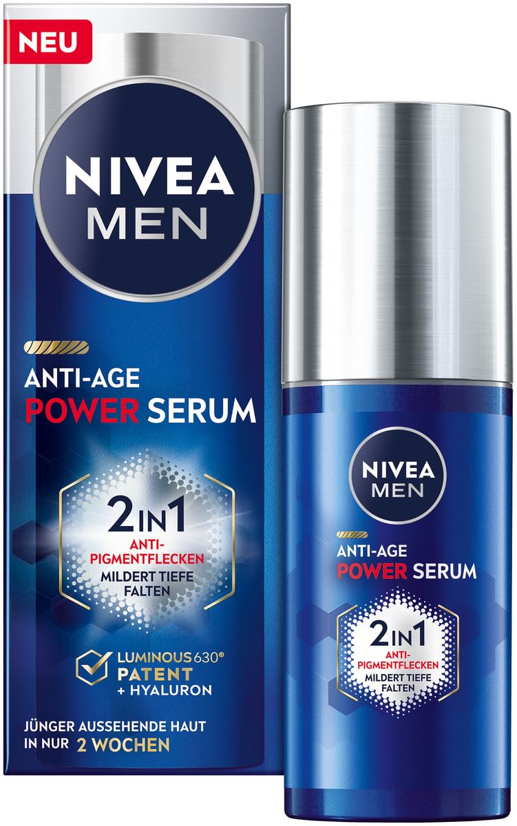 NIVEA MEN Powerful Anti-Aging Serum 2 in 1 for Men with Hyaluronic Acid for Anti-Aging Effect, Skin Care with LUMINOUS630® Against Aging and Pigmentation Spots (30ml) - Image 1