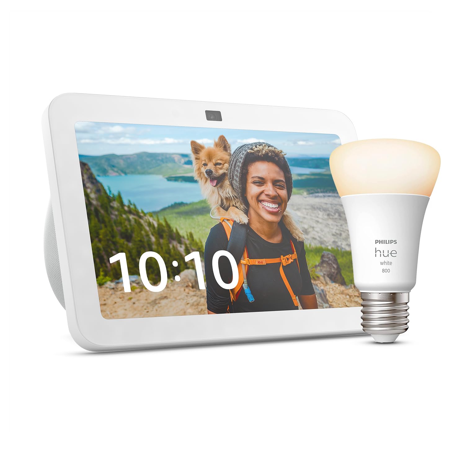 Echo Show 8 (3e génération) | Blanc + Philips Hue White ampoule connectée (E27), Fonctionne avec Alexa - Kit de démarrage Maison connectée - Image 1