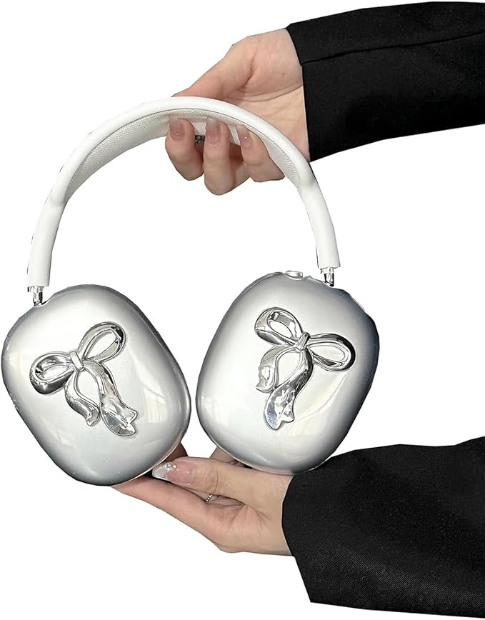 AirPods Max Case, Clear Soft TPU Protective Case with Silver Bow 3D for Apple AirPod Max - Image 1