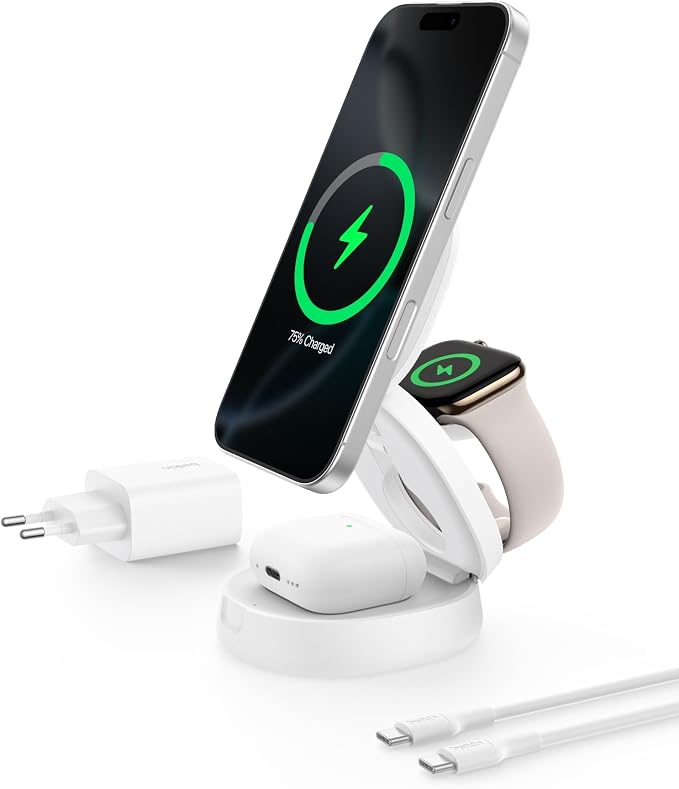 Belkin BoostCharge 3-in-1 Foldable Charging Dock for MagSafe Induction Charger, Qi2 Certified, 15W for iPhone 17, Air, Apple Watch, AirPods, Pixelsnap, 36W Adapter Included - White - Image 1