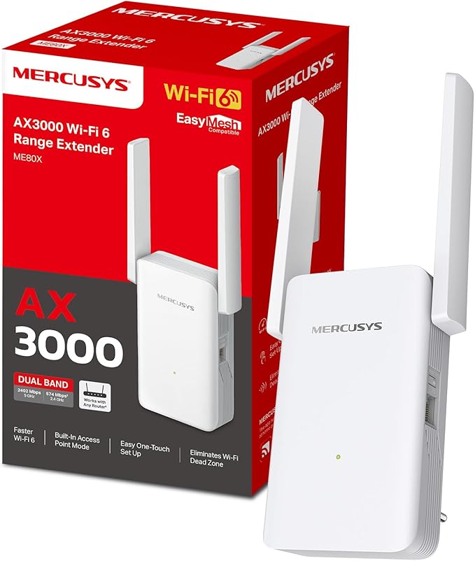 MERCUSYS ME80X TP-Link WiFi 6 Repeater, AX3000 Mbps WiFi Amplifier, Gigabit Ethernet Port, Covers up to 150 m², Powerful WiFi Repeater, Compatible with Internet Boxes - Image 1