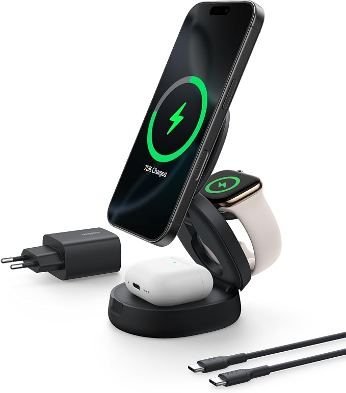 Belkin BoostCharge 3-in-1 Foldable Charging Dock for MagSafe Induction Charger, Qi2 Certified, 15W for iPhone 17, Air, Apple Watch, AirPods, Pixelsnap, 36W Adapter Included - Black - Image 1
