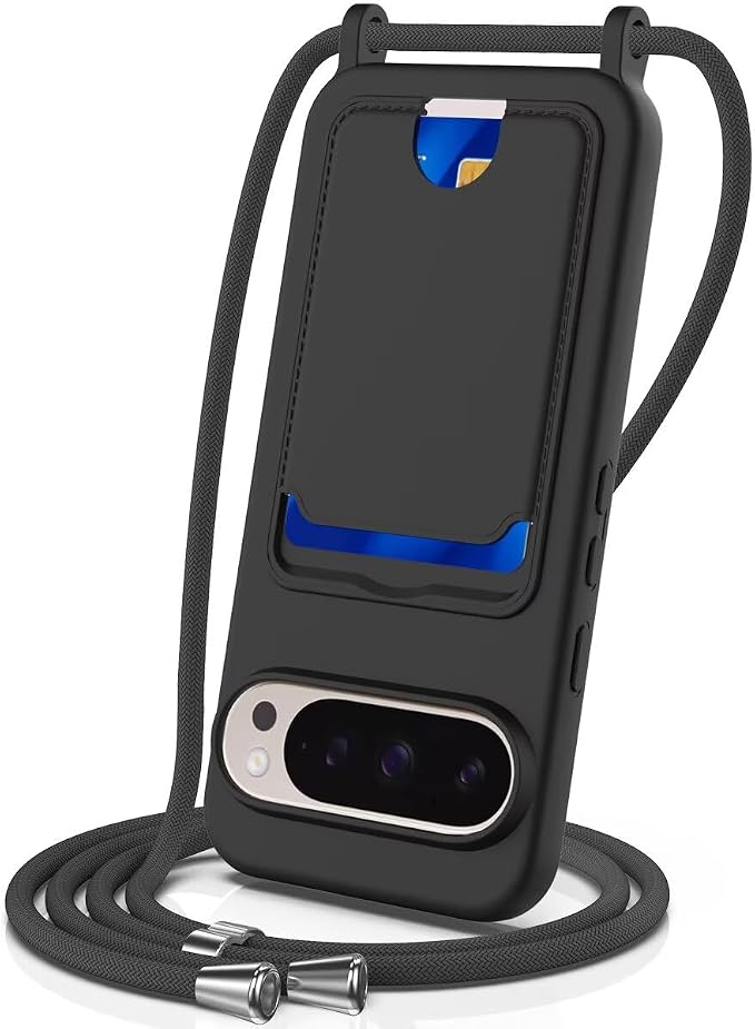 xinyunew Case for Google Pixel 9/9 Pro with Lanyard, Neck Strap Rope Silicone Case with Adjustable Chain for Google Pixel 9/9 Pro, Shoulder Strap, Card Holder, Black - Image 1