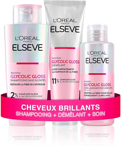 L'Oréal Paris - Routine Capillaire Complète pour Cheveux Ternes -Shampooing + Démêlant + Soin - Formulation Enrichie en Acide Glycolique - Sans Sulfates - Glycolic Gloss - Image 1