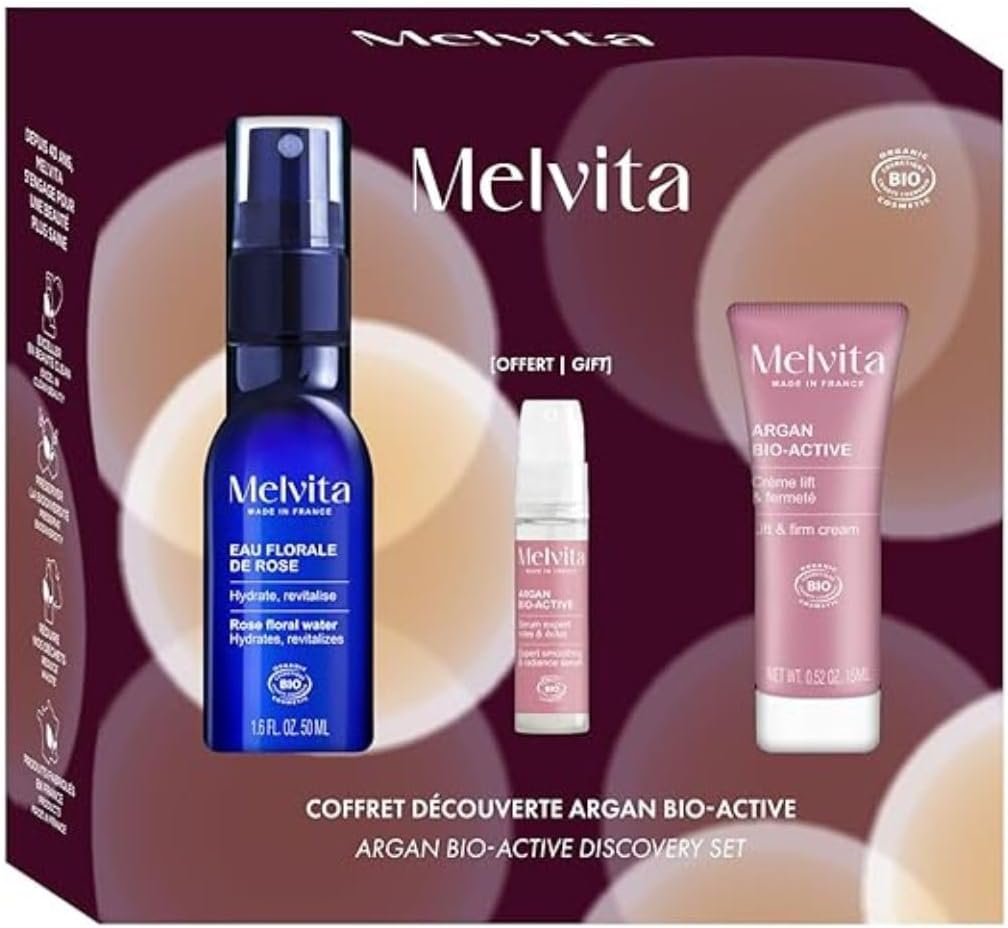 Melvita – Argan Anti-Aging Set – Rose Floral Water, Radiance Serum, Lift & Firming Cream – Revitalizing Facial Care Routine for Radiant Skin – 50 ml, 10 ml, 15 ml - Image 1