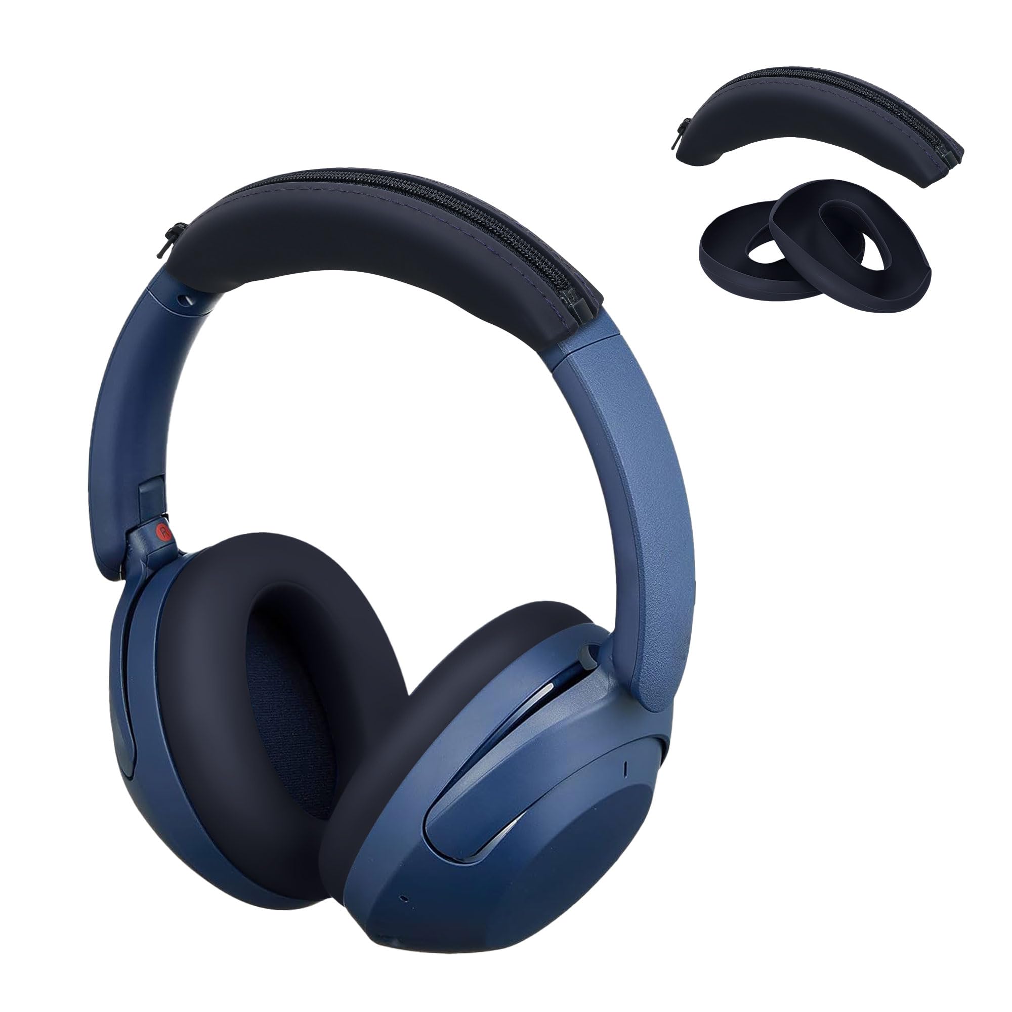 kwmobile Headband Case and Cushion Cover Compatible with Sony WH-XB910N – Protective Silicone Headband and Ear Pads – Dark Blue - Image 1