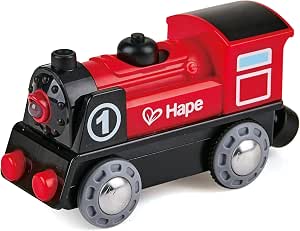 Hape Electric Locomotive Toy for Wooden Circuit Train for Children 3 Years and Up – Electric Educational Game Forward and Backward, Small Lamp in the Front – Runs with or without Batteries - Image 1
