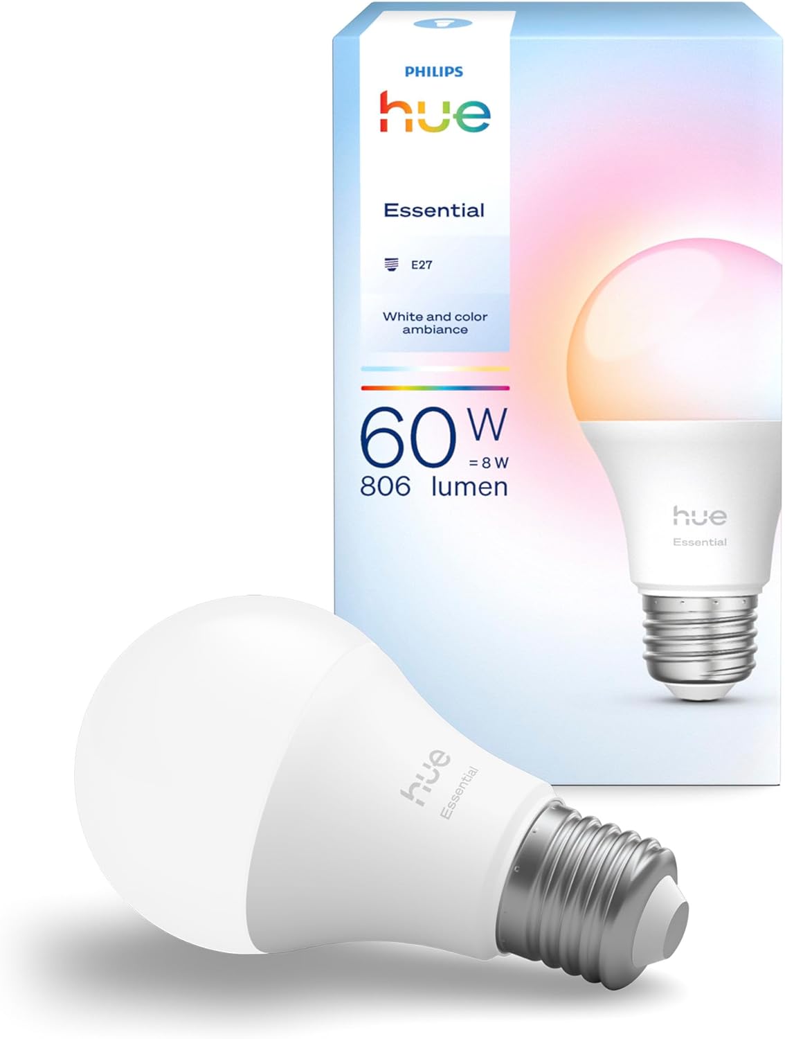 Philips Hue Essential A60 LED Smart Bulb, White and Color Ambience, E27 Philips Hue Bulb, 8W, 2200-6500K, 806 Lumens, Dimmable, Compatible with Alexa, Google Assistant and Apple Home - Image 1