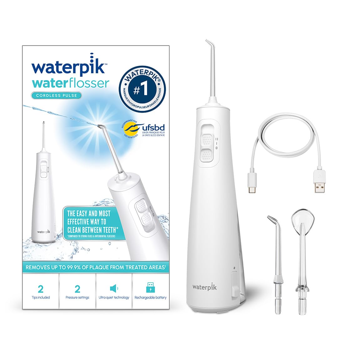 Waterpik WF-20 Pulse, Cordless Water Flosser, Recommended by UFSBD, Rechargeable Dental Jet, Removes Plaque, 2 Pressure Levels, 45 Seconds Cleaning, 2 Tips Included, Waterproof, White - Image 1