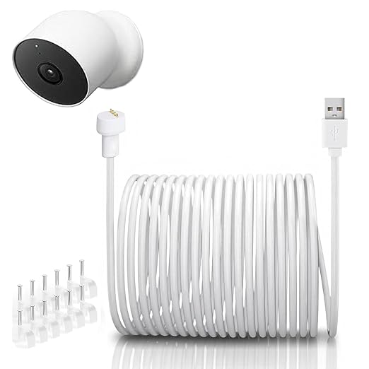 17pieds/5.2m, 26.2pieds/8m,34pieds/10.4m cordon d'alimentation compatible avec la caméra Google Nest Cam (batterie), câble de charge magnétique pour cordon d'alimentation de la Google Nest Cam Battery - Image 1