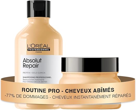 L'Oreal Professionnel Absolut Repair Routine for Damaged Hair 77% Less Damage 7X Brilliant, Soft & Repaired Hair Shampoo (300 ml) + Golden Mask (250 ml) - Image 1