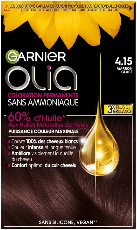 Garnier Coloration Permanente - Sans Ammoniaque - Aux Huiles Naturelles de Fleurs - Marron Glacé (4.15) - Olia - Image 1