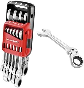 FACOM - Set of 10 Articulated Combination Ratchet Spanners - 467BF.JP10 - Metric and Inch Ratchet Keys - Compact and Easy to Use - Chemical and Shock Resistant - Portable Case - Image 1
