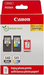 Canon Pack Encre & Papier - PG-540/CL-541 Cartouches d'encre Authentiques pour imprimante - 2 Packs (1 x Noir, 1 x Couleur) & Papier Photo 4x6 (50 x Feuilles) - Image 1