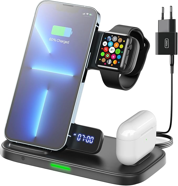 INIU 3 in 1 Induction Charger, 15W Charging Station Compatible with Magsafe, Wireless Charger for iPhone 16 Pro 15 Plus 14/13/12/11/10/9/8, Apple Watch 8 7 6 and Airpods 3 2 Pro - Image 1