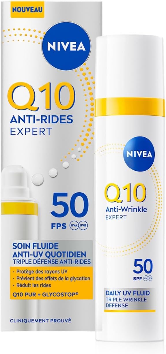 NIVEA Q10 Anti-Rides Expert - Fluide Anti-UV Quotidien FPS 50 - Soin Visage Combleur De Rides - Haute Protection UVA/UVB - 12H Anti-Brillance - Q10 Pur & Glycostop - Tous Types De Peaux - 40 ml - Image 1