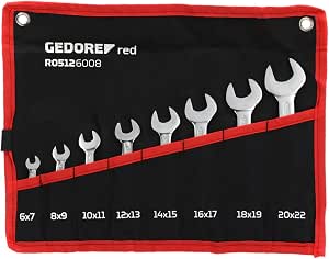 GEDORE red R05126008 8-Piece Double Open-End Spanner Assortment Sizes 6-22 mm Metric Short Spanner Set with Unwinding Pouch - Image 1