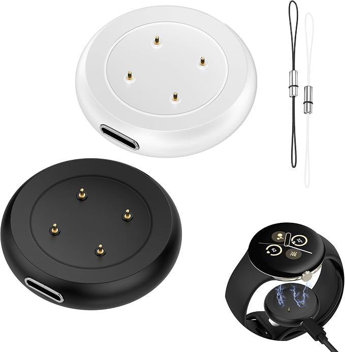 2 Pieces USB-C Adapter Compatible with Google Pixel Watch 3 (41/45mm)/Pixel 2/Fit-bit Versa 4/Versa 3/Sense 2/Sense/Ace LTE, Magnetic Charger Reinforced & Wear-Resistant-Black/White - Image 1