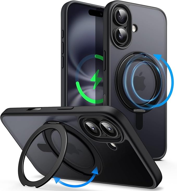 JETech 360 Degree Rotating Ring Case for iPhone 16 6.1 Inch with Camera Control Button, Compatible with MagSafe, Slim Case Cover with Stand & Ring Holder (Black) - Image 1
