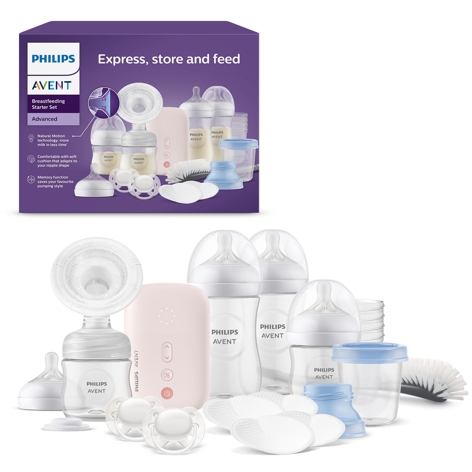 Philips Avent Kit allaitement avec tire-lait électrique simple, biberons à Réponse Naturelle, pots de conservation du lait, sucettes, sans BPA (modèle SCD340/31) - Image 1