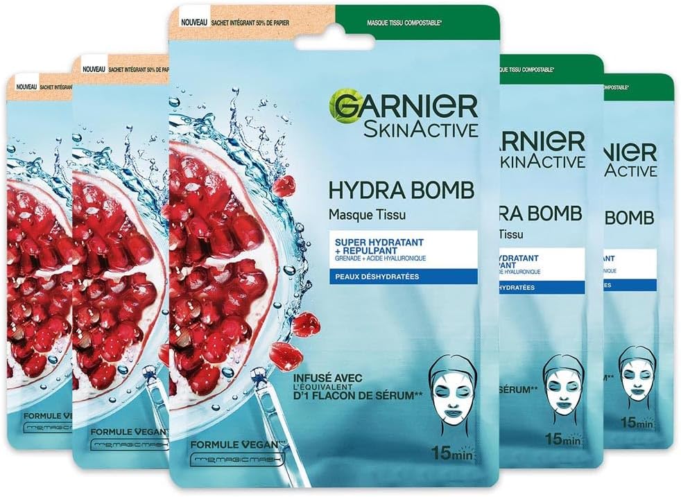 GARNIER Skin Active - Coffret Masques Tissu Hydra Bomb - Hydratant & Repulpant - À Base De Grenade & Acide Hyaluronique - Vegan & Cruelty Free - Tissu Compostable - Peaux Déshydratées - x5 - Image 1