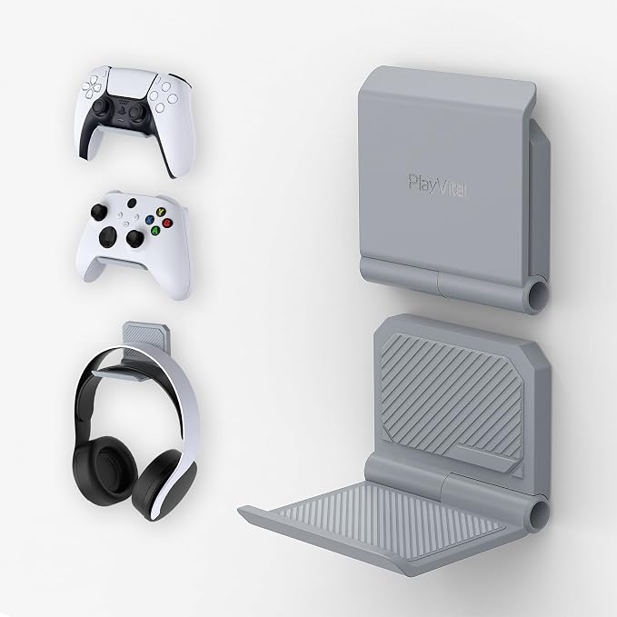 playvital Support for PS5 Controller/Console/Headset, Door for PS4 Controller Stand Holder for Nintendo Switch Pro for Xbox Wireless Headset, Fold Base Base 2 PCS-Grey - Image 1