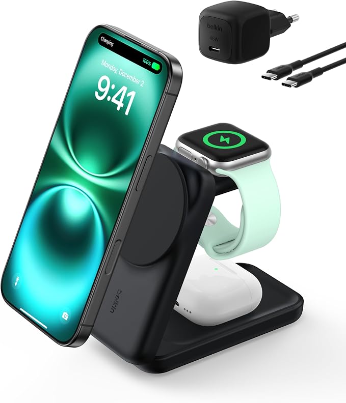 Belkin UltraCharge 3 in 1 Qi2 Induction Charger, Magnetic Charging Dock 25W, Wireless Charger with MagSafe for iPhone 17, iPhone Air, Apple Watch, AirPods, Pixelsnap with 45W Charger, Black - Image 1