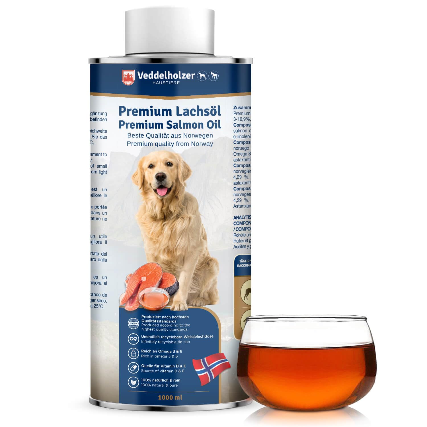Veddelholzer Salmon Oil for Dogs 1 Litre in Tin Can Recyclable Ideal Coat Care Good for Bones & Immune System with Omega3 Fatty Acids & Vitamin E - Image 1