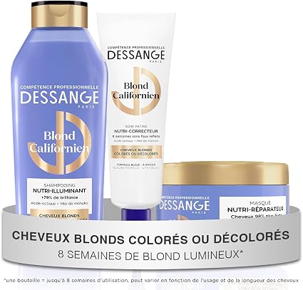 DESSANGE - Routine Hair Nutri-Correcting Californian Blonde - Shampoo 280ml + Mask 280ml + Blue Patina Care 140ml - Nourishes & Brightens Blonde - Blonde, Colored Or Bleached Hair - Image 1