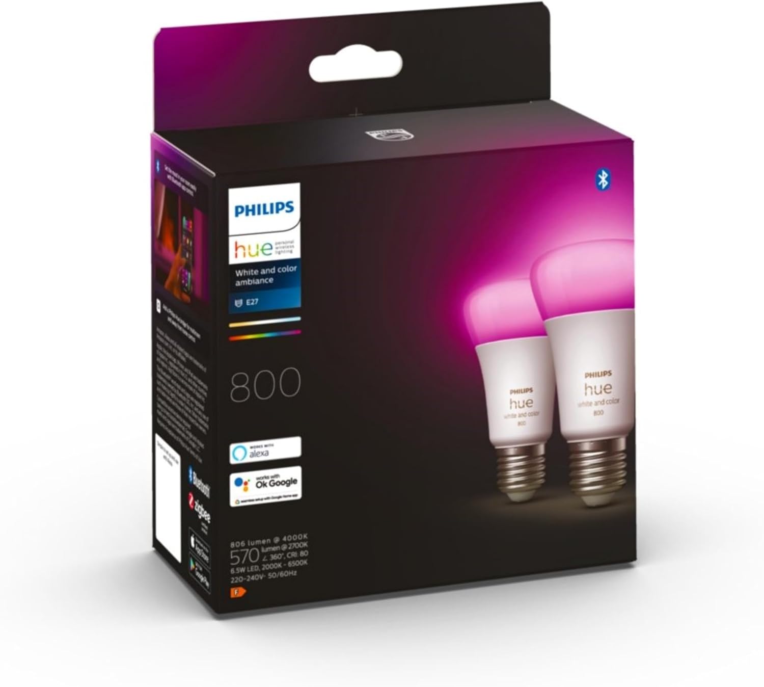 Philips Hue White & Color Ambiance Ampoules LED Connectées E27, équivalent 60W, 800 lumen, Compatible Bluetooth, pack de 2, fonctionne avec Alexa, Google Assistant, Apple Homekit, ancienne génération - Image 1