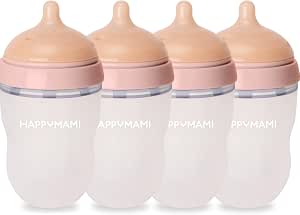 HappyMami - Set of 4 Breast Shaped Baby Bottles, 250 ml, Pink, Medical Grade Silicone Teat, Double Anti-Colic System, BPA Free, Dishwasher Safe, Bottle Warmer - Image 1