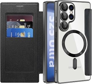 Magnetic Case for Samsung Galaxy S22 Ultra, [MagSafe Compatible] [RFID Blocking] Leather Flip Case Cover Shockproof Transparent Phone Case for Samsung S22 Ultra, WD Black - Image 1