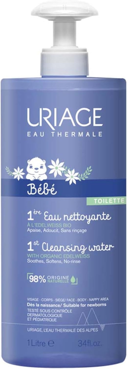 Uriage Bébé Eau Nettoyante sans Rinçage à l'Edelweiss Bio - Nettoie, Apaise et Adoucit la Peau Délicate de Bébé - Pompe Ultra-Pratique - Sans Savon - Visage & Corps - pH Physiologique - 1L - Image 1