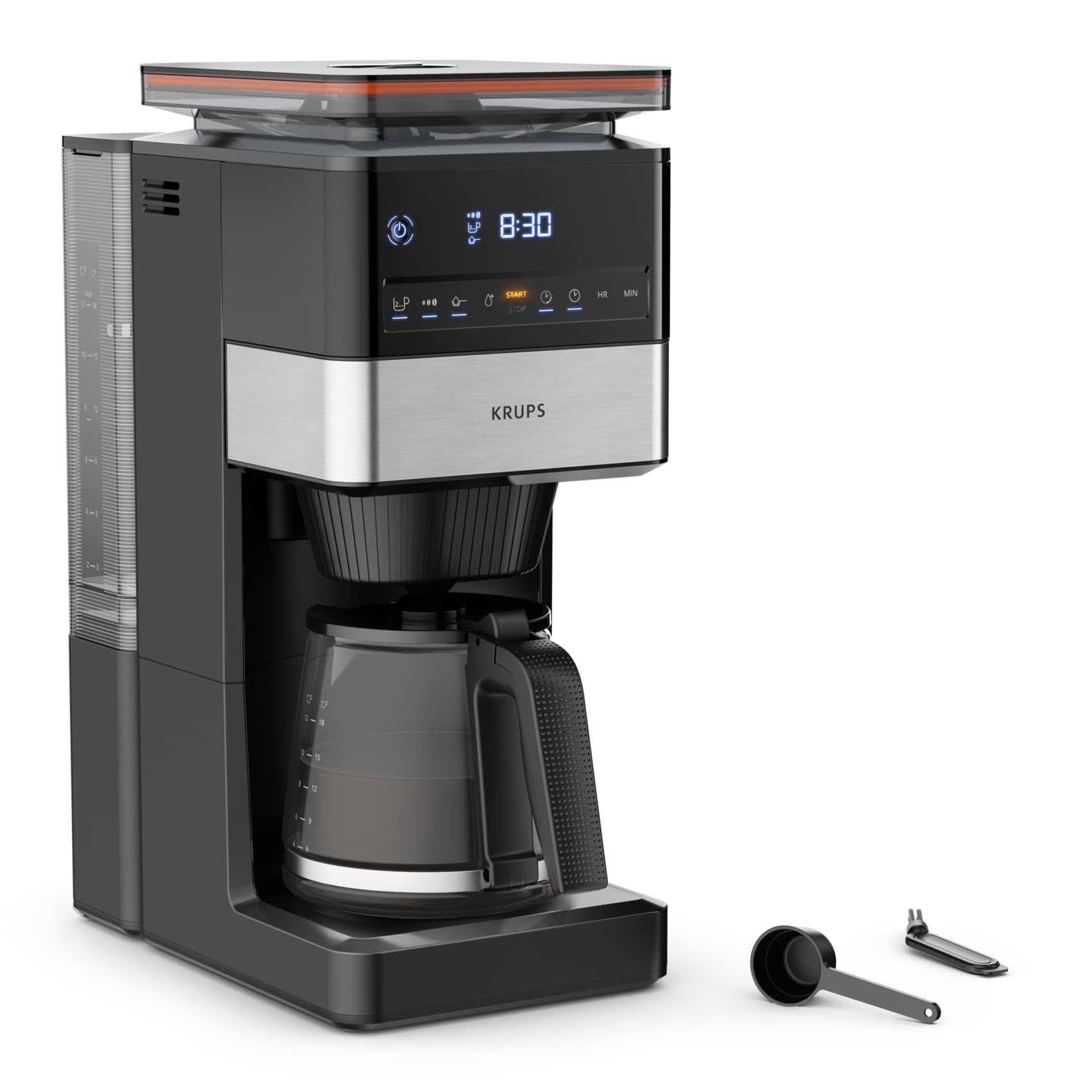 Krups Grind Aroma XL KM842810 Coffee Maker, Removable Conical Grinder, Digital Control Panel, XL Capacity (1.5 L), Keep Warm Function, Glass Jug, Black/Stainless Steel - Image 1