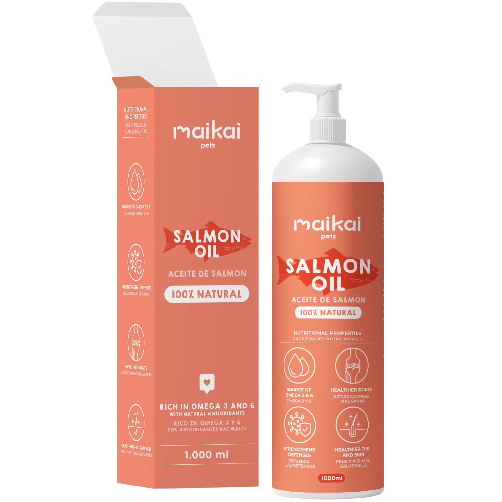 MAIKAI Cold Pressed Natural Salmon Oil - Rich in Omega 3 + 6 - Barf Supplement Anti-Dandruff + Anti-Inflammatory for Dogs and Cats - 1L - Image 1