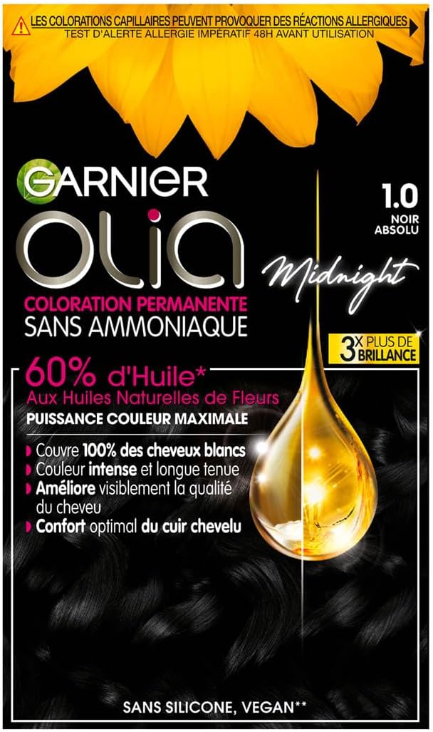 Garnier Coloration Permanente - Sans Ammoniaque - Aux Huiles Naturelles de Fleurs - Noir Absolu (1.0) - Olia - Image 1
