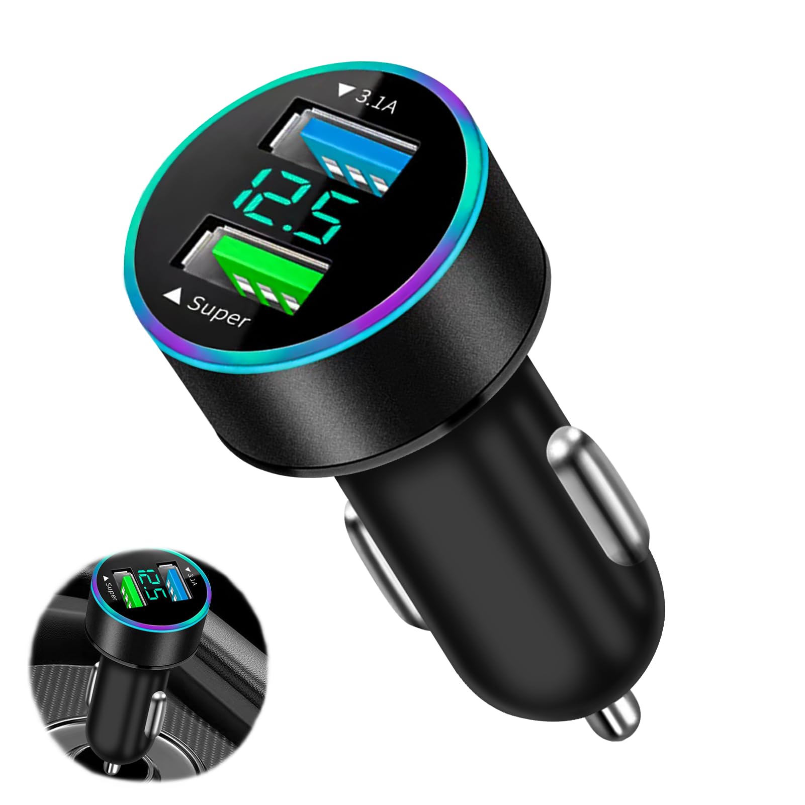 Fast USB Car Charger, Total 66W [Super & 3.1A] Car Charger with LED Digital Voltmeter, Portable Phone Charger Adapter for Phone - Image 1
