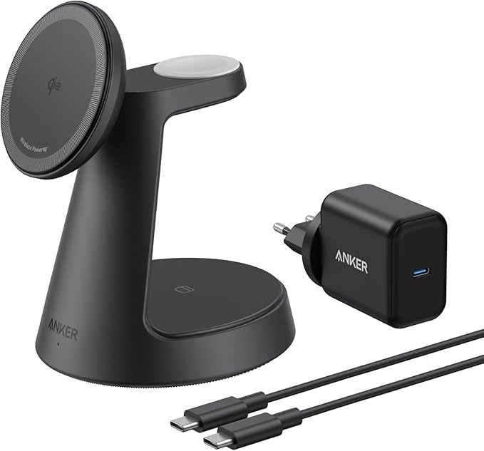 Anker MagGo iPhone 3 in 1 Induction Charger MagSafe 15W (Stand), Qi2 Certified Wireless Charger Compatible MagSafe, for iPhone 17/16/15/14, Apple Watch, AirPods Pro, and More (Adapter Included) - Image 1