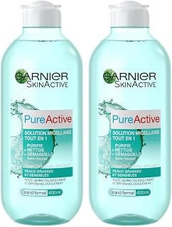 GARNIER Pure Active - Solution Micellaire Tout-En-1 - Purifie, Nettoie & Démaquille - Formule Enrichie En Micelles - Visage, Yeux, Lèvres - Peaux Mixtes à Grasses & Sensibles - 400 ml (Lot de 2) - Image 1