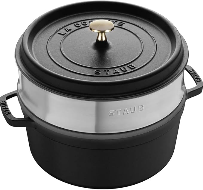 STAUB Cast Iron Round Casserole Dish with Steamer 24cm Black - Image 1