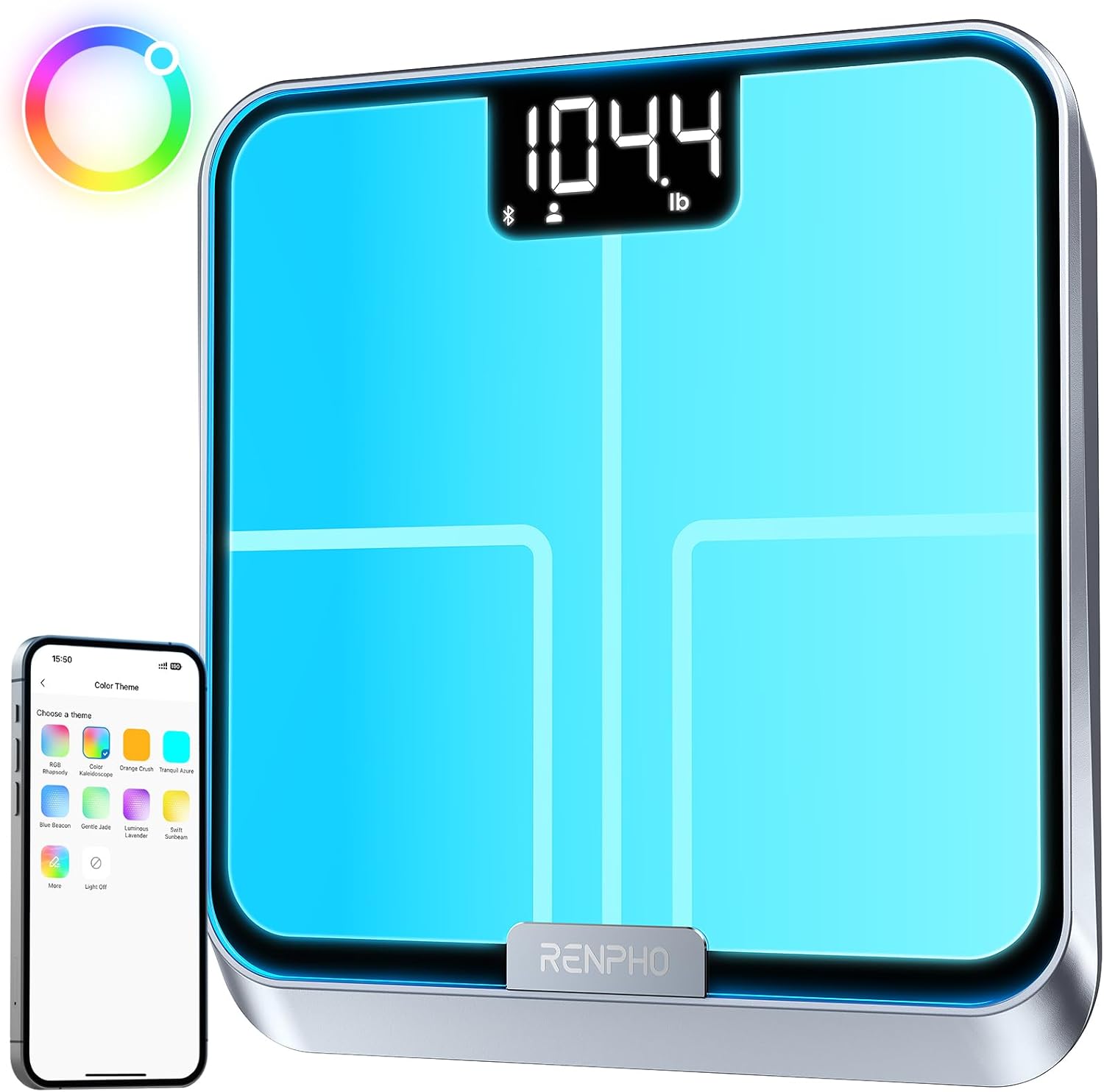 RENPHO Balance Pese Personne, Rappel de Pesée facile, Pese Personnes intelligent Bluetooth, Couleurs de Balance Personnalisables, Balance Connectée Rechargeable, Revêtement ITO, 13 Moniteurs de Santé - Image 1