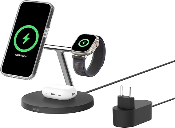 Belkin BoostCharge 3-in-1 Charging Station with Qi2, MagSafe Charger Compatible with iPhone 17, iPhone Air, Apple Watch, AirPods, Pixelsnap, Adapter Included – Black - Image 1