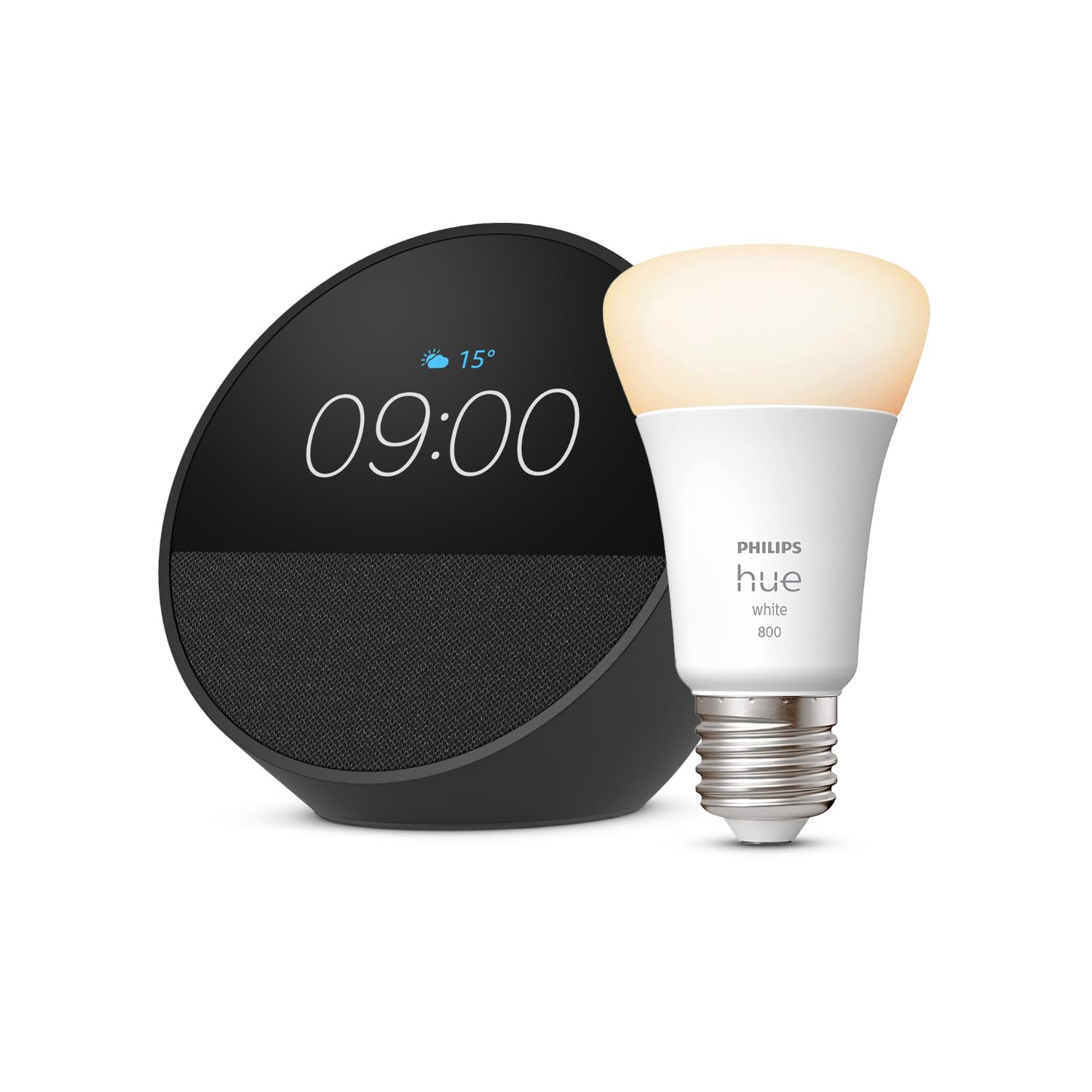 Echo Spot | Black + Philips Hue White, E27 LED Smart Bulb, Works with Alexa - Smart Home Starter Kit - Image 1