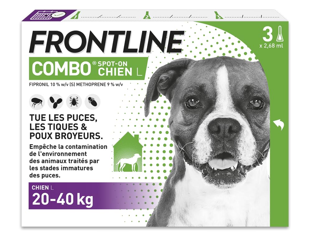 FRONTLINE Combo Dog Fleas, Ticks, Lice Crushers - Protects the Home - Removes Fleas for 8 Weeks/Ticks for 4 Weeks - For Dogs 20 to 40 kg - 3 Spot-On Pipettes - Image 1