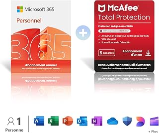 Microsoft 365 Personnel | 1 utilisateur | 12 Mois | Applications Office et stockage cloud | Renouvellement 99€ + McAfee Total Protection | Renouvellement 108,10€ | Renouvellement automatique Amazon - Image 1