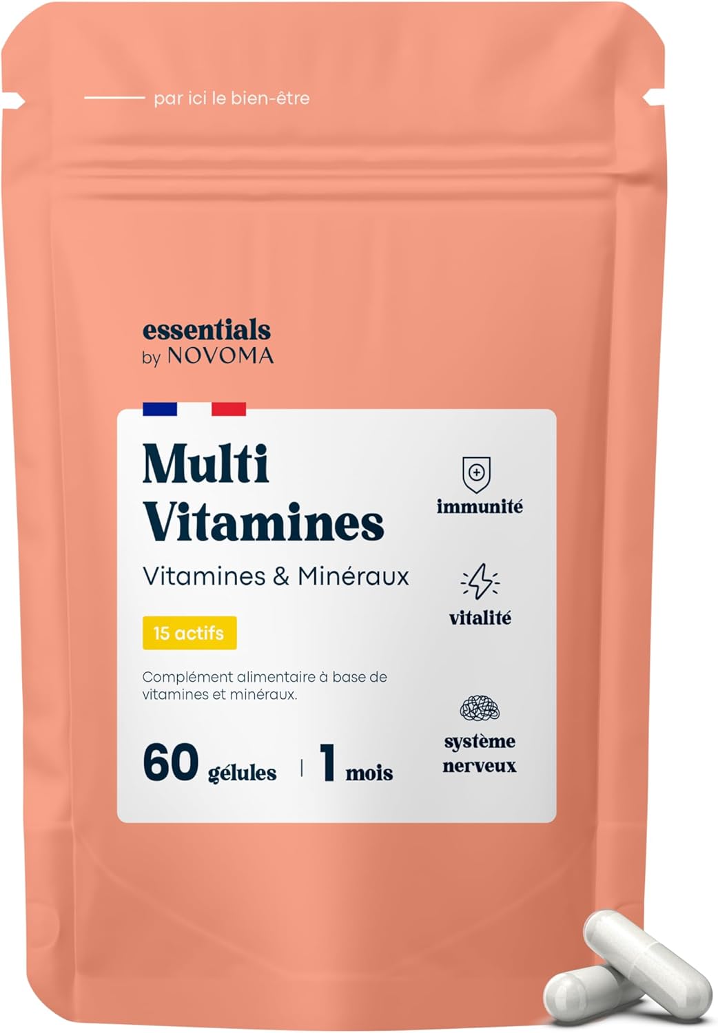 Multivitamins and Minerals, 15 Essential Nutrients, Vitamins A B C D E + Magnesium & Zinc, Immunity & Energy, 60 Vegan Capsules, 1 Month Cure, Made in France, Essentials by Novoma - Image 1