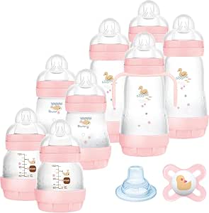 MAM Easy Start Baby Bottle Set of 8 in 130 ml, 160 ml and 260 ml formats, 1 Nano Starter Dummy, 4 Sealing Pads, 1 Extra Soft Spout and Handles, Pink, 730 g - Image 1